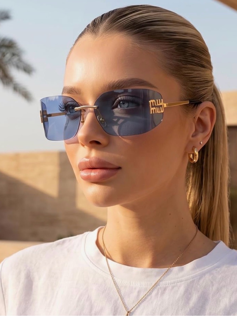 Blue Lens Rimless Sunglasses with Gold Trim - Miu Miu - Picture 5 of 5
